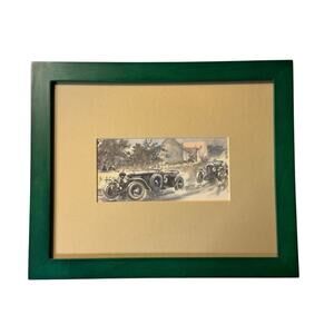 3 Framed Prewar Auto Racing Mag Prints the style of Peter Helck Jaguar Bentley